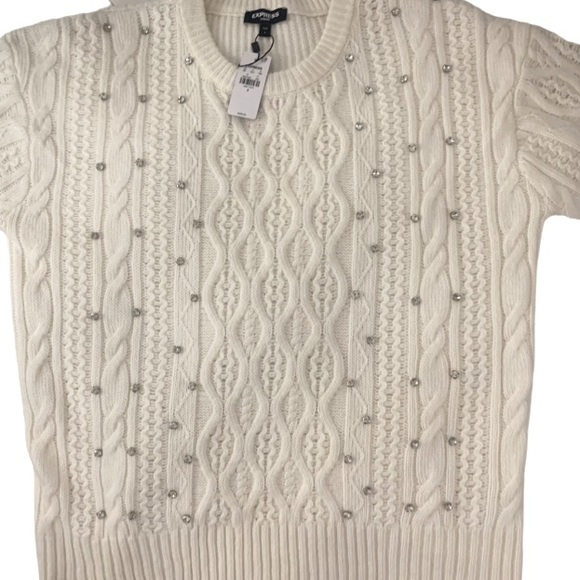 NWT Express Rhinestone Embellished Drop Shoulder Cableknit Tunic Sweater Ivory S - Picture 6 of 12